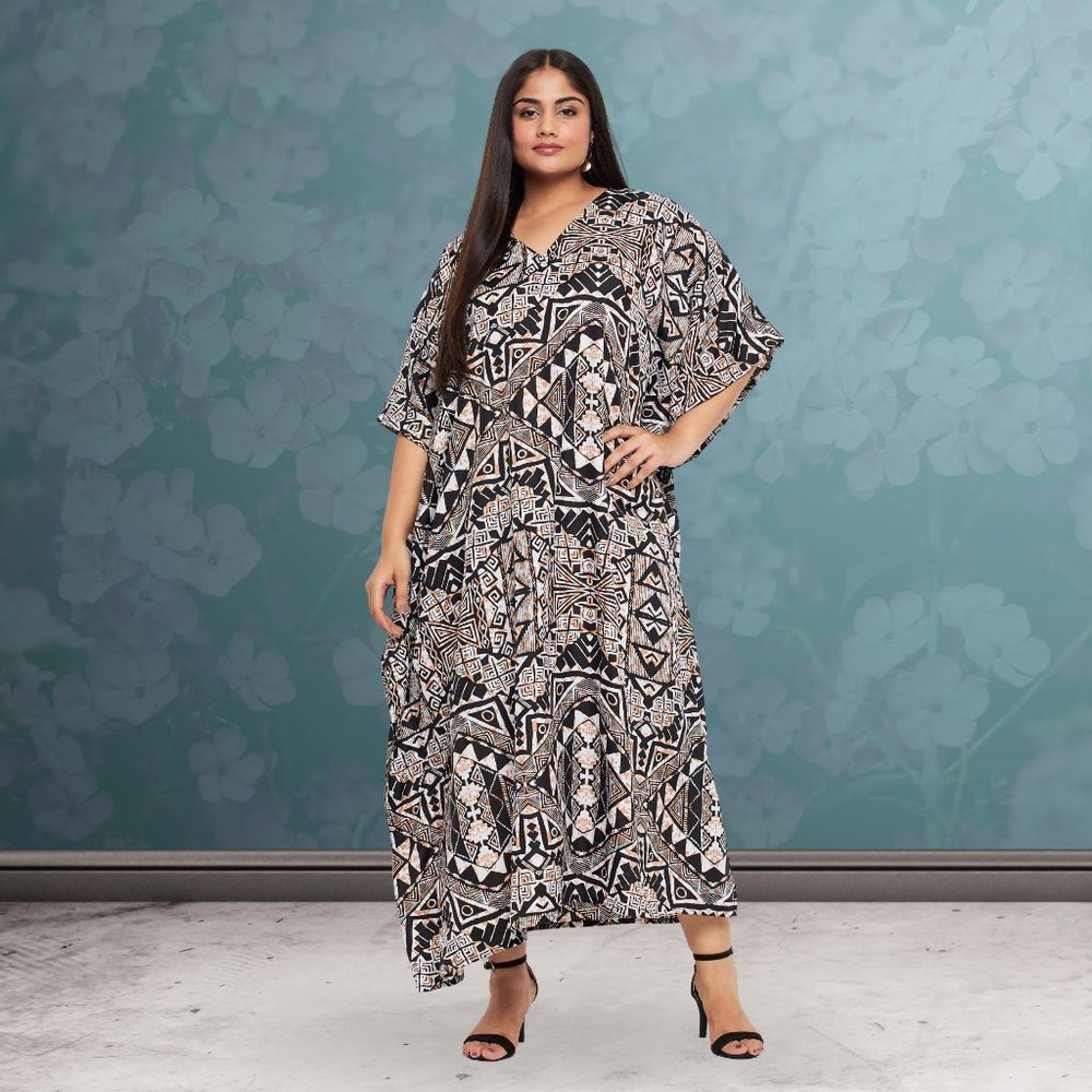 Gypsie Blu Tribal Printed Black Polyester Kaftan Dress Evening Wear for Women